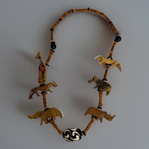 Hand Carved Wooden Necklace Beads Safari Animals Tribal 31" Zebra Elephant More - Picture 6 of 11